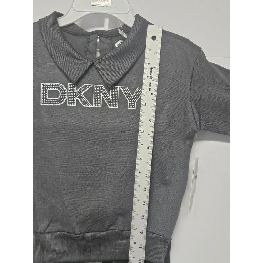 DKNY Girls Size 6 2Pc Outfit Sparkling Stone Logo Sweatshirt, Black Flared Pants